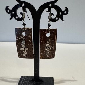 Brown Rectangular Earrings with silver accents on front. Very lightweight
